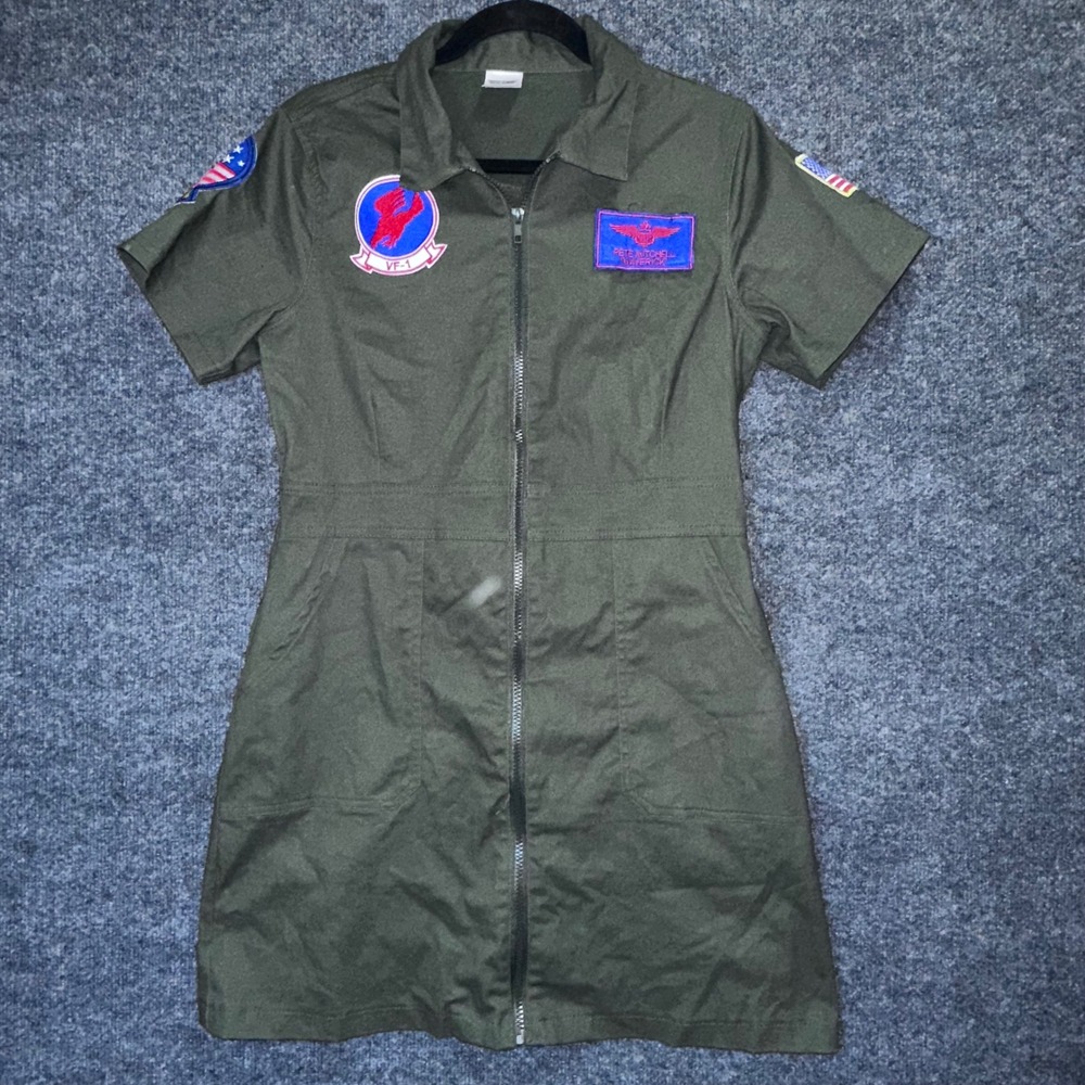Top Gun Maverick Flight Dress Womens Medium Green Zip Front Costume Mini Dress